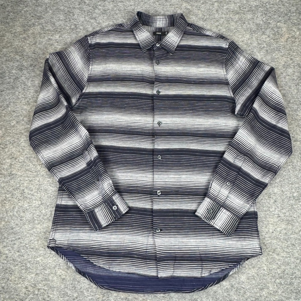 VINCE Button Up Shirt Long Sleeve Linen Cotton Blend Striped Blue Mens Large L